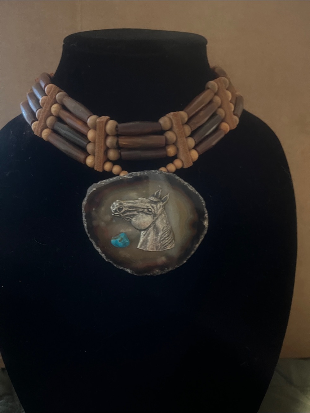 Handcrafted Brown Wood Bead Necklace with Horse Agate Pendant